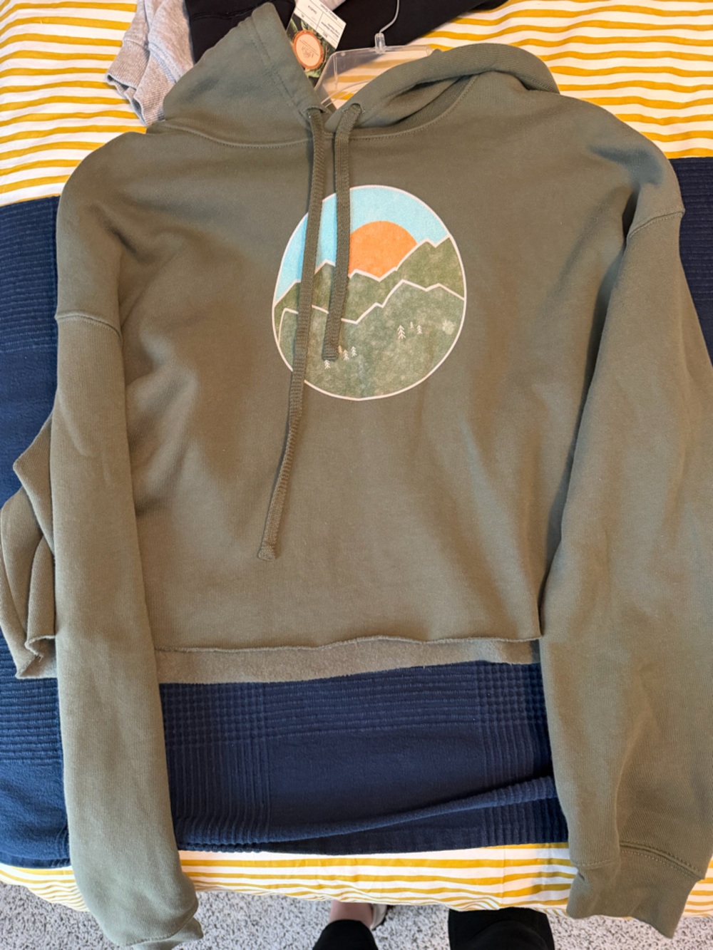Bella Canvas Olive Green Graphic Hoodie with Sunset Mountain Print